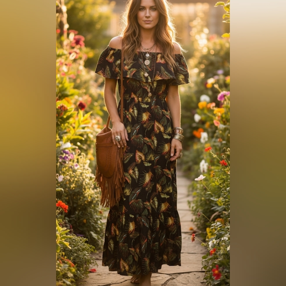 Vanessa Alexandra 100% Linen Off Shoulder Tropical Maxi Dress Size XS